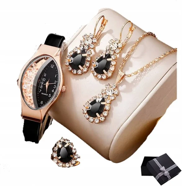 Zegarek Black Kryształki Piasek Naszyjnik Kolczyki Pudełko C3157