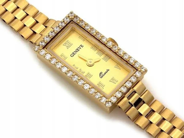 Zegarek złoty damski 585 prostokątny z cyrkoniami r19 elegancki na prezent