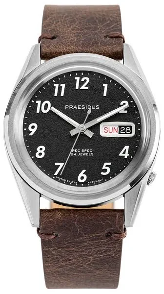 Męski srebrny zegarek Praesidus ze skórzanym paskiem Rec Spec