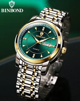 BINBOND Męski Zielony Luksusowy Kwarcowy Sportowy Zegarek Ze Stalowym Paskiem