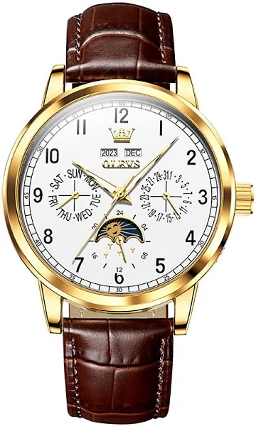 OLEVS Męskie zegarek mechaniczny Moda Biznes zegarek na rękę Nakręcanie automatyczne Wyświetlanie faz księżyca Świecący Kalendarz wieczny Skóra Zobacz