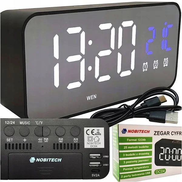 Budzik Zegar Elektroniczny Led Głośny Stojący Temperatura Data Kabel Usb