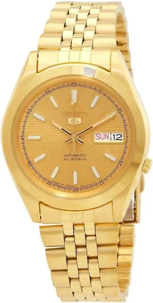 zegarek Seiko 5 sportowy w złotym odcieniu stal nierdzewna złota tarcza 23 klejnoty automatyczny SNZ450J1 100M męski zegarek