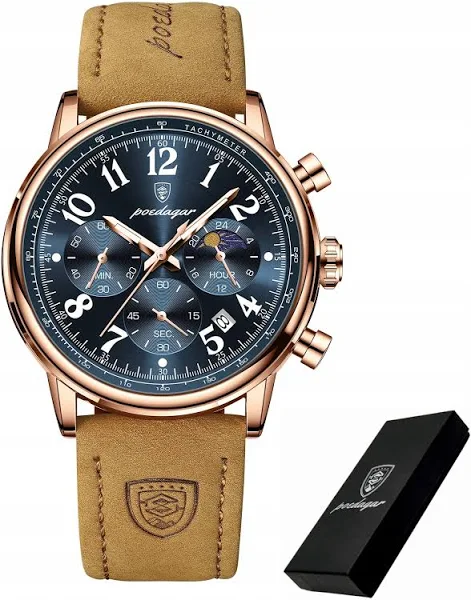 Złoty Zegarek Męski Na Skórzanym Pasku Poedagar Chronograf Pudełko Data