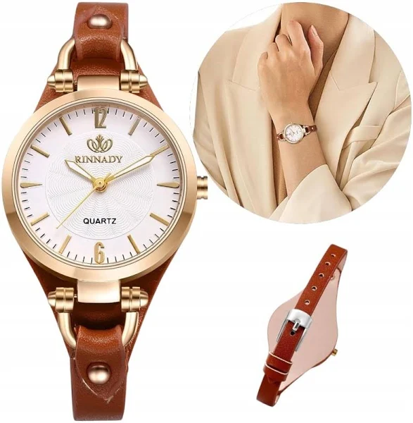 Zegarek Brązowy Damski Złota Tarcza Wąski Slim Dla Kobiety