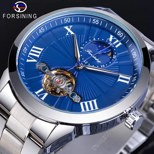 Tourbillon Automatyczny męski zegarek mechaniczny Wyświetlacz fazy księżyca Czarny męski zegarek ze stali nierdzewnej