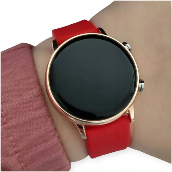 Zegarek damski czerwony złoty Led datownik silikonowy