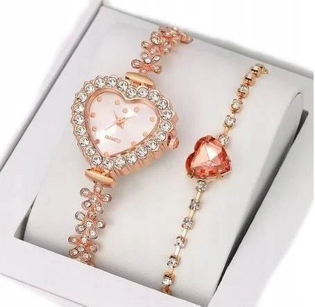 Zegarek Damski Z Bransoletką Złoty Z Kryształkami Serce 859