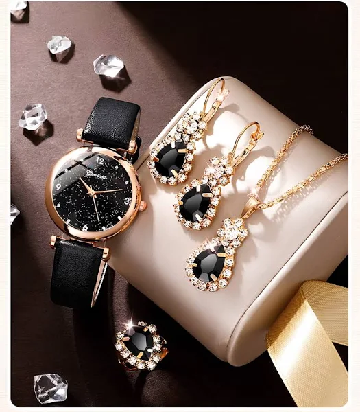 Czarny Zegarek Damski Z Biżuterią Dla Kobiet Mamy Babci Dziewczyny Zestaw